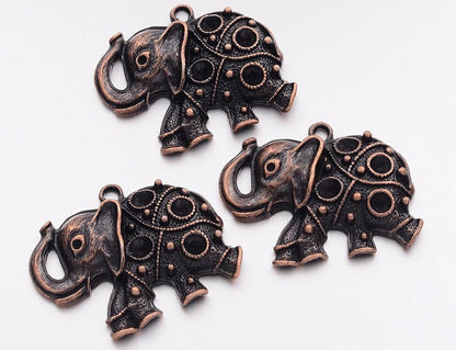 10 Elephant Pendants in a Dark Red Copper Tone, 49x39x7mm, Jewellery Components