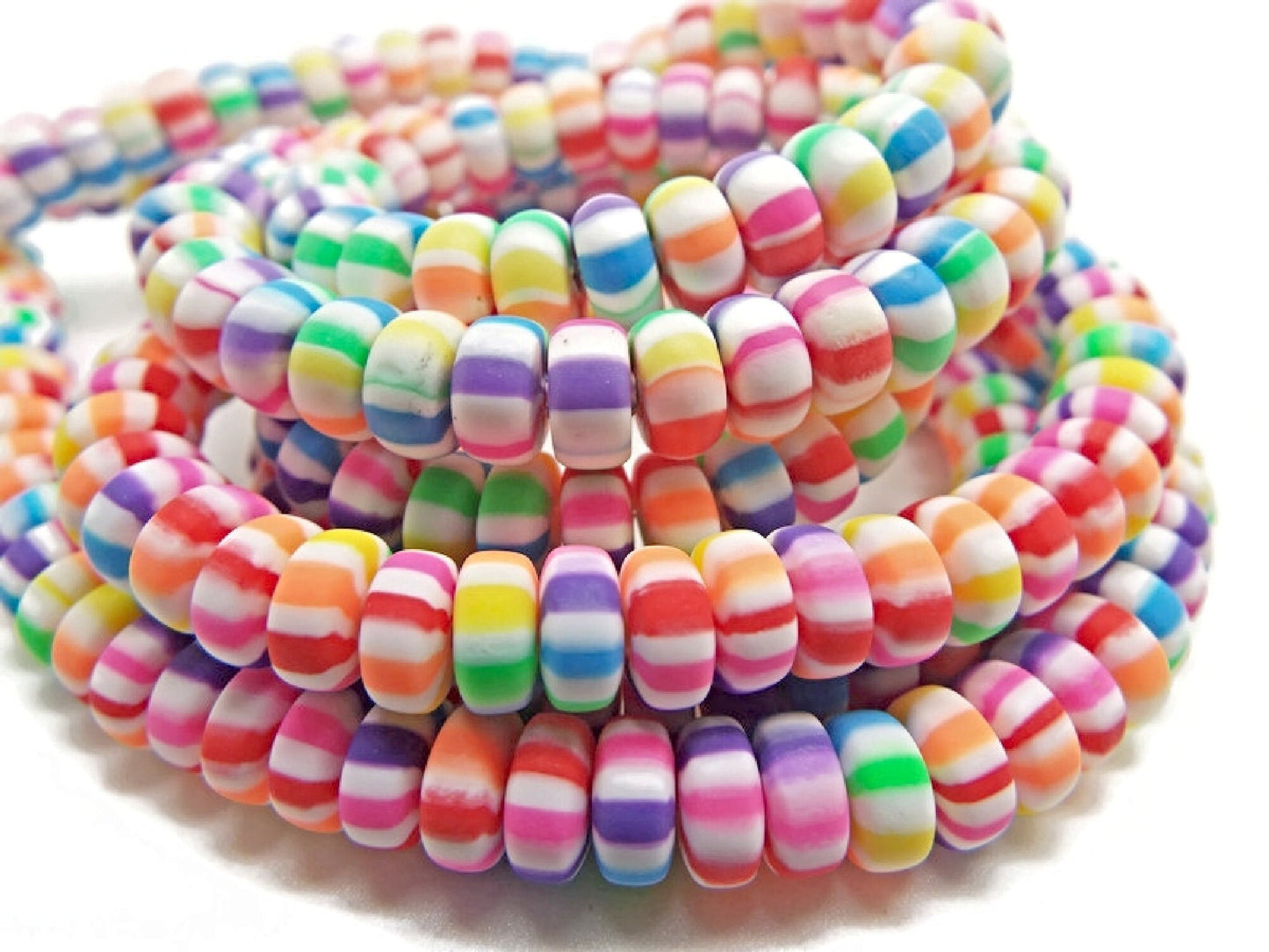 100 Striped Doughnut Beads in Candy Stripe Style, 7mm Polymer Clay Spacer Beads