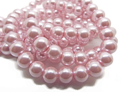 100 Pink Glass Pearl Round 8mm Beads, 82cm Strand with 1mm Hole for Jewellery