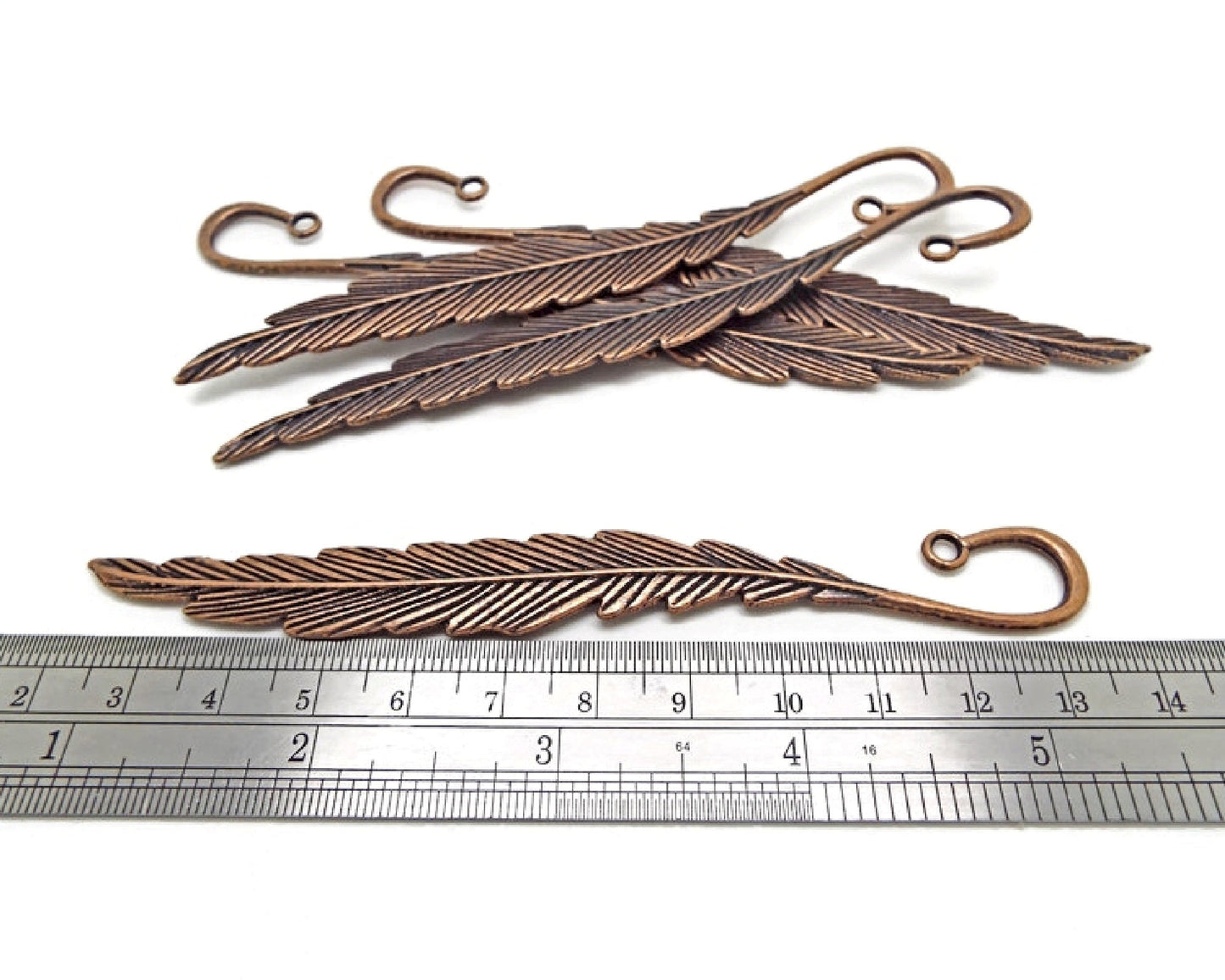 5 RED COPPER FEATHER BOOKMARKS in an Antique Style, Blanks for Beads & Charms, 116x14mm