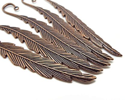 5 RED COPPER FEATHER BOOKMARKS in an Antique Style, Blanks for Beads & Charms, 116x14mm