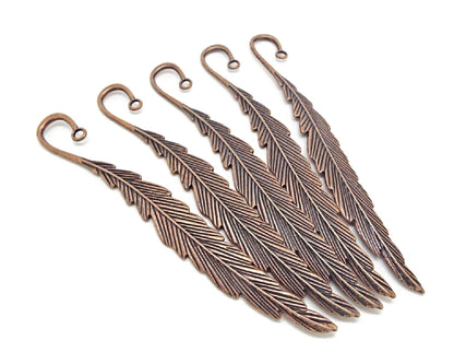 5 RED COPPER FEATHER BOOKMARKS in an Antique Style, Blanks for Beads & Charms, 116x14mm