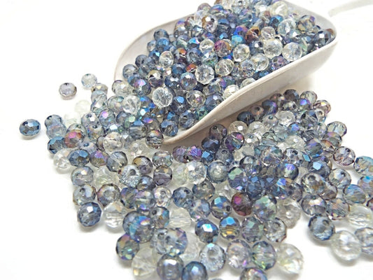 6mm ELECTROPLATED TRANSPARENT Crystal Rondelle Beads, Faceted Glass in Blue Purple Champagne Mix, Pack of 200, 6x5mm
