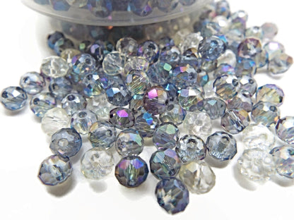 6mm ELECTROPLATED TRANSPARENT Crystal Rondelle Beads, Faceted Glass in Blue Purple Champagne Mix, Pack of 200, 6x5mm