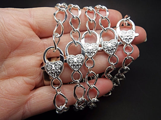 5 SILVER CURB Chain Bracelets, 20cm Long with a 12x8mm Link and a Large Heart Lobster Clasp, Charm Bracelet Base