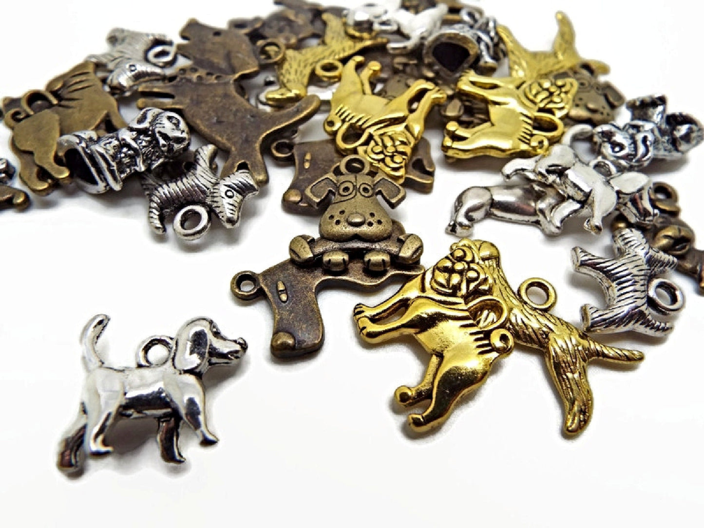 20 MIXED DOG CHARMS in Gold, Silver, Copper & Bronze, Metal Animal Jewelry, Keyring or Bag Charm Supplies