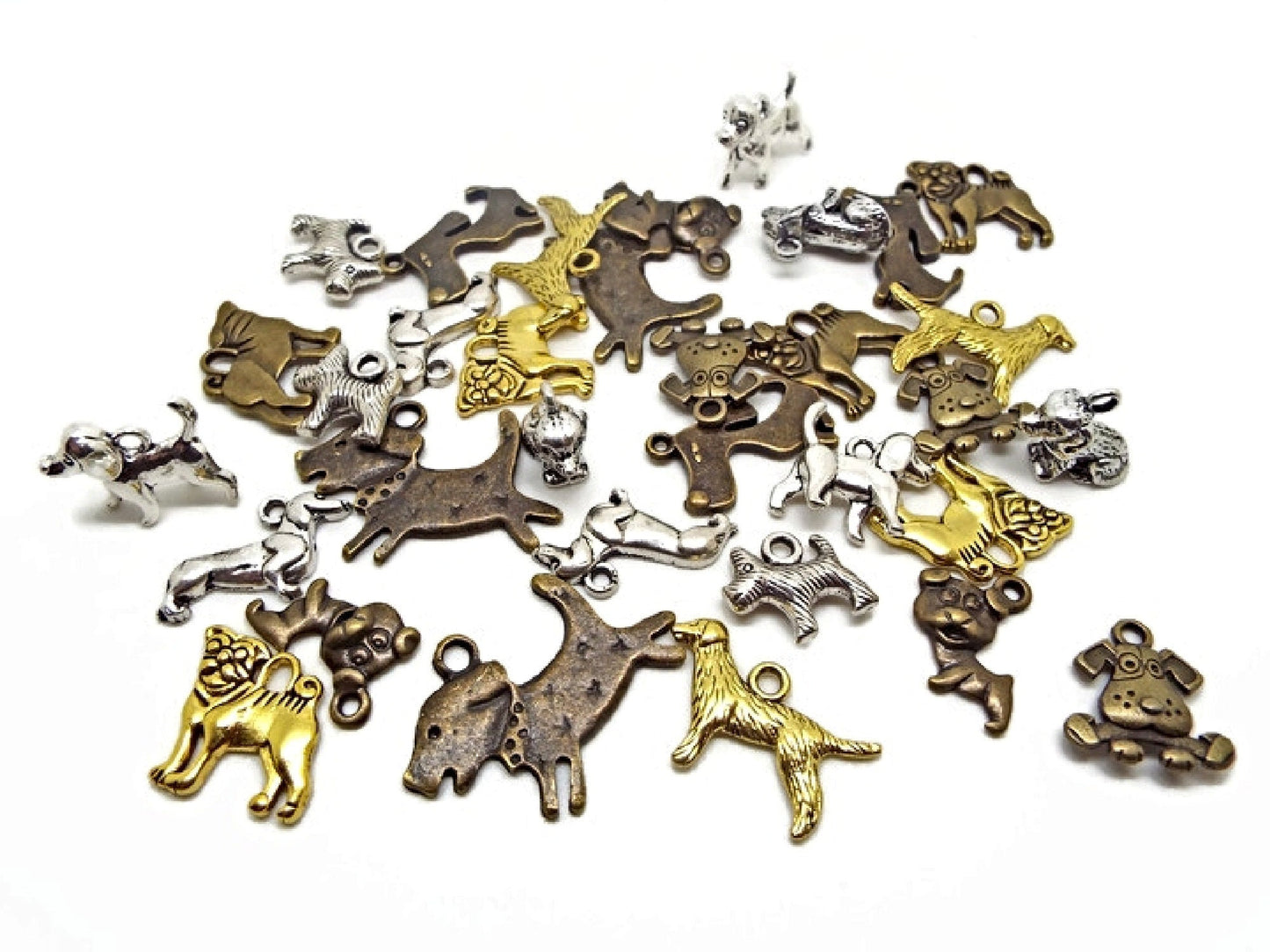 20 MIXED DOG CHARMS in Gold, Silver, Copper & Bronze, Metal Animal Jewelry, Keyring or Bag Charm Supplies