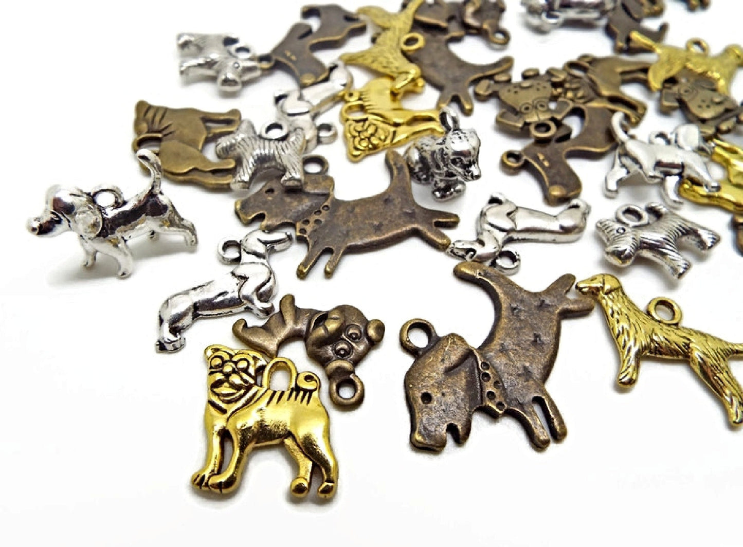 20 MIXED DOG CHARMS in Gold, Silver, Copper & Bronze, Metal Animal Jewelry, Keyring or Bag Charm Supplies