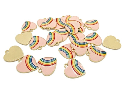 10 Pink Rainbow Enamel Charms with Gold Base, 20x18mm Metal Jewellery Pendants or Charms