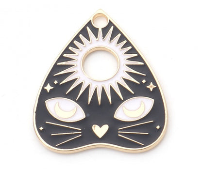 10 Enamel Cat Charms in Black and White with Gold Base, Planchette Shape 26x22mm