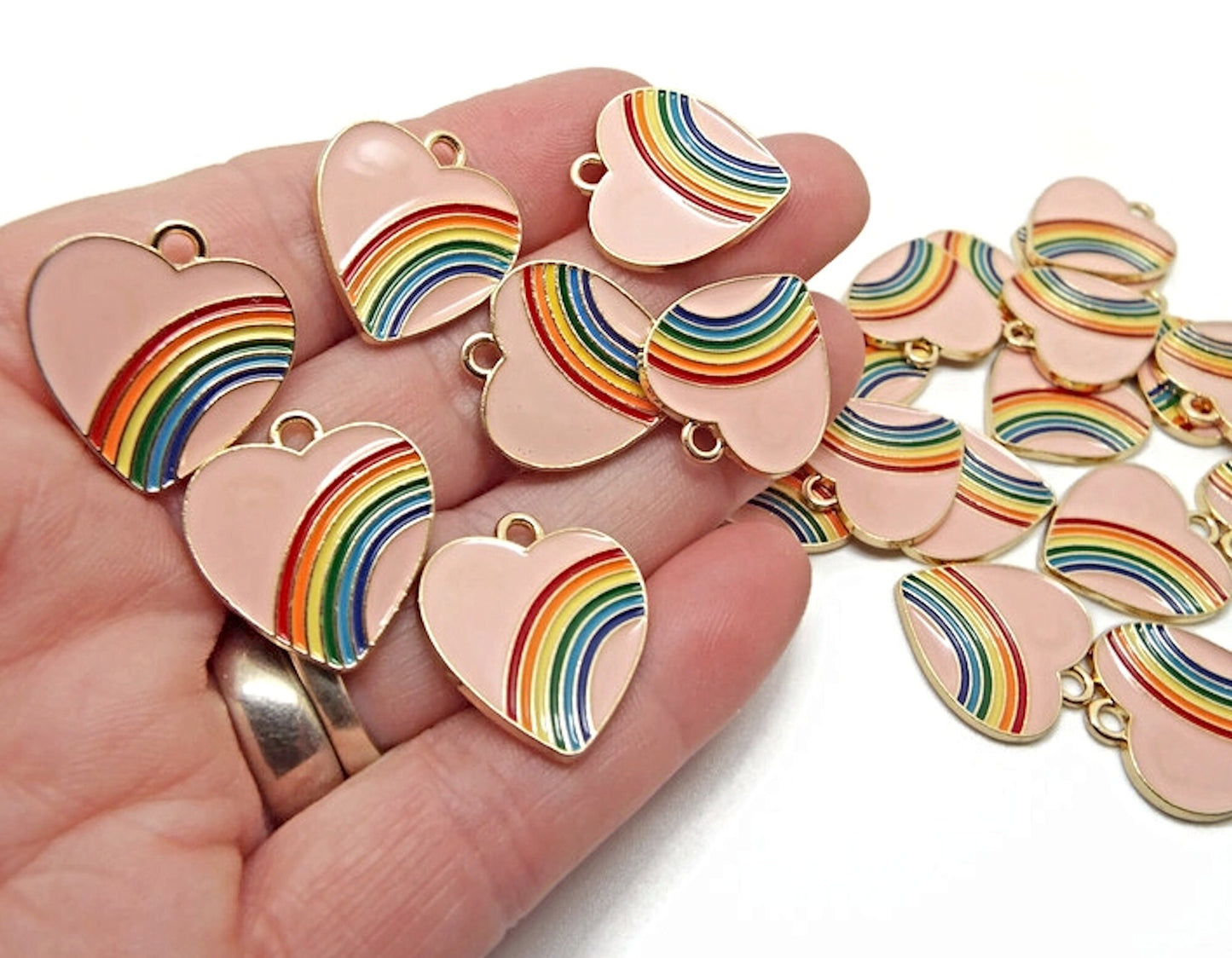 10 Pink Rainbow Enamel Charms with Gold Base, 20x18mm Metal Jewellery Pendants or Charms