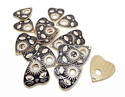 10 Enamel Cat Charms in Black and White with Gold Base, Planchette Shape 26x22mm