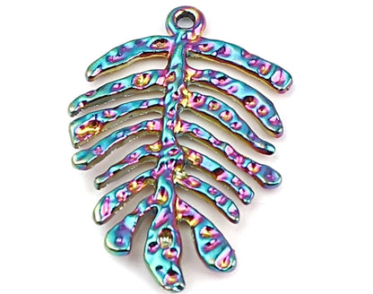 METAL RAINBOW Leaf Pendants 38x26mm, Large Boho Colorful Electroplated Jewelry Charms, Pack of 5