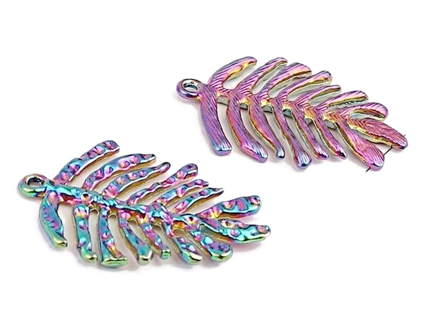 METAL RAINBOW Leaf Pendants 38x26mm, Large Boho Colorful Electroplated Jewelry Charms, Pack of 5