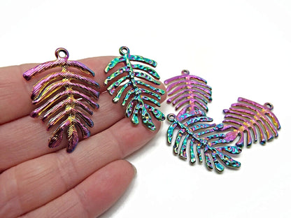 METAL RAINBOW Leaf Pendants 38x26mm, Large Boho Colorful Electroplated Jewelry Charms, Pack of 5