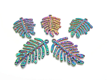 METAL RAINBOW Leaf Pendants 38x26mm, Large Boho Colorful Electroplated Jewelry Charms, Pack of 5