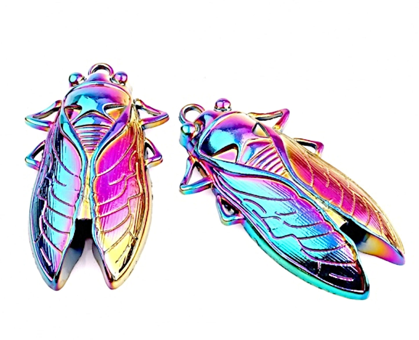 LARGE CICADA Rainbow Pendants, Set of 3, 62x34mm Insect Jewellery, Metal Keyring or Bag Charms with 4mm Hole