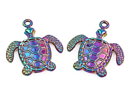 5 RAINBOW TURTLE Pendants 33x25mm Charms for Animal Sealife Jewelry, Rainbow Plated Metal Charms with 2mm Hole