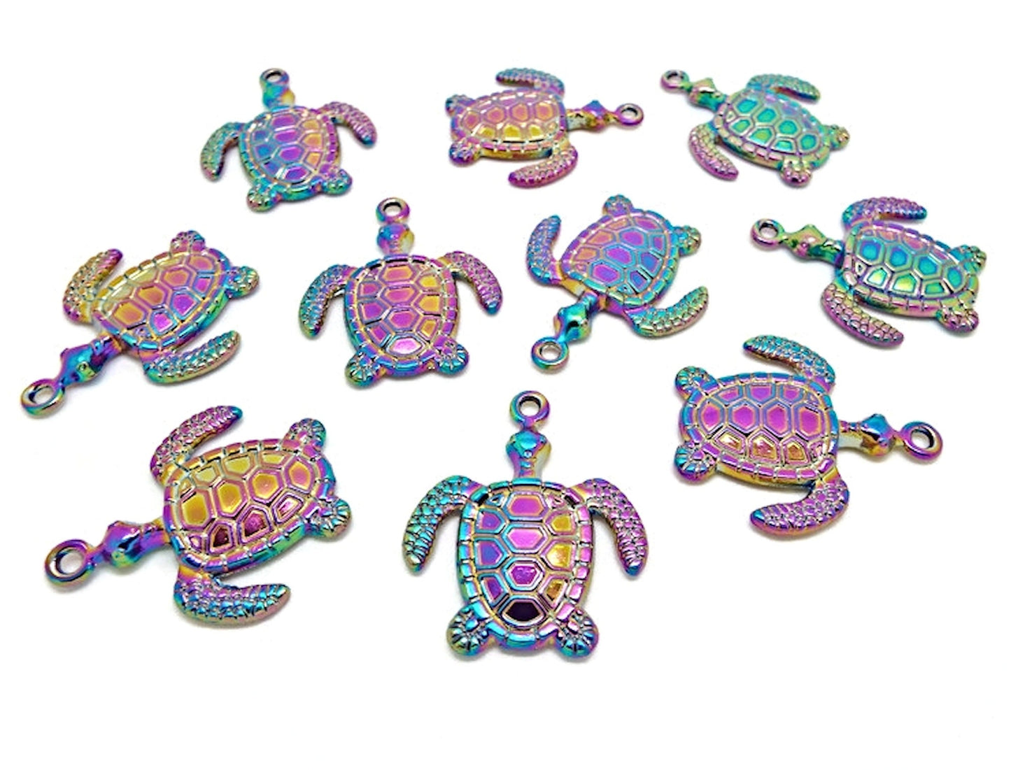 5 RAINBOW TURTLE Pendants 33x25mm Charms for Animal Sealife Jewelry, Rainbow Plated Metal Charms with 2mm Hole