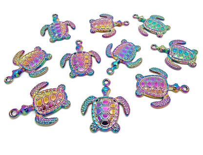 5 RAINBOW TURTLE Pendants 33x25mm Charms for Animal Sealife Jewelry, Rainbow Plated Metal Charms with 2mm Hole