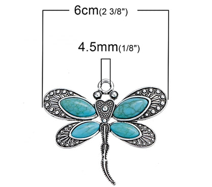 2 FAUX TURQUOISE Dragonfly Pendants, Large Tibetan Silver Style Keyring Charm, Suncatcher or Wall Hanging Charm, 60x53mm