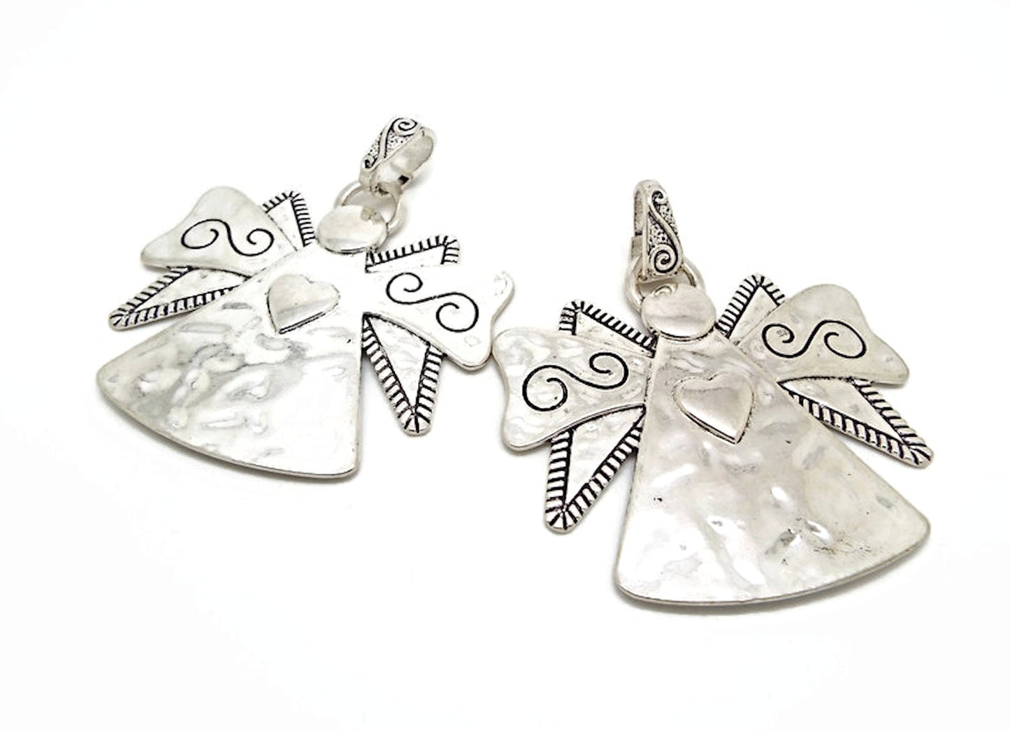 2 LARGE SILVER Angel Pendants or Wall Decoration, 72x63mm Metal Hanging with Bail, Bag or Keyring Charm