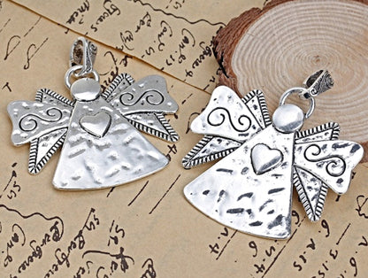 2 LARGE SILVER Angel Pendants or Wall Decoration, 72x63mm Metal Hanging with Bail, Bag or Keyring Charm