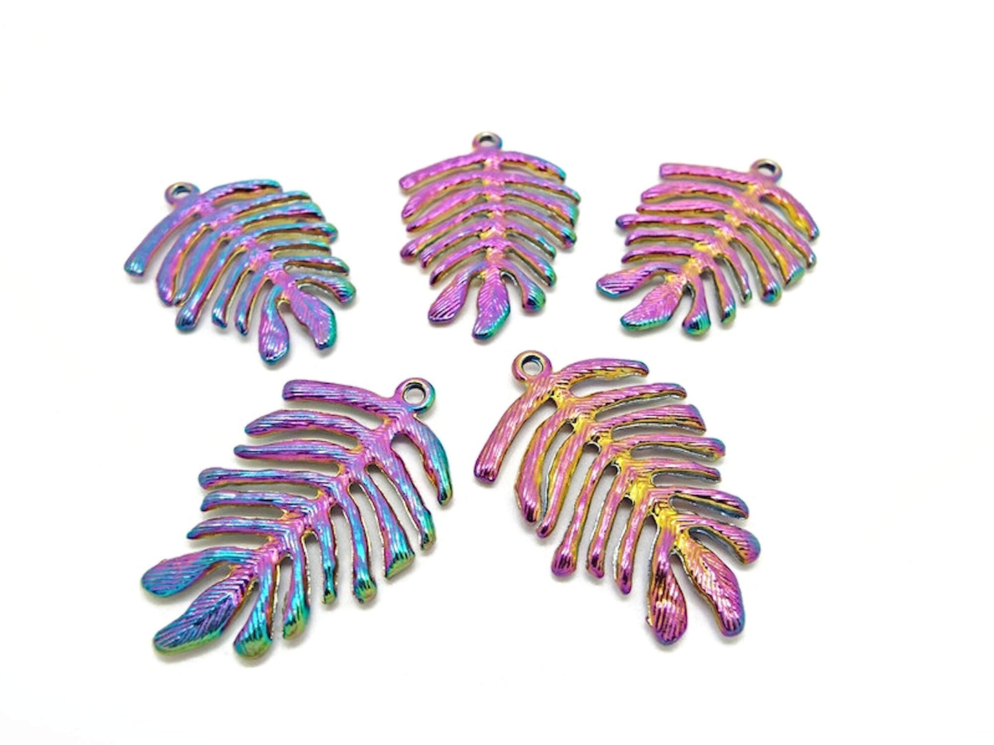 METAL RAINBOW Leaf Pendants 38x26mm, Large Boho Colorful Electroplated Jewelry Charms, Pack of 5