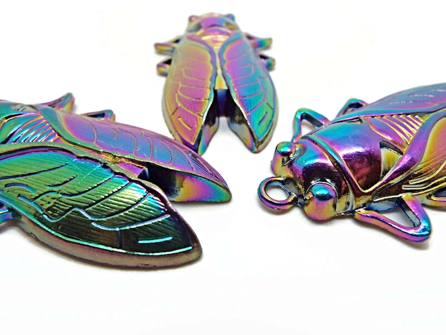 LARGE CICADA Rainbow Pendants, Set of 3, 62x34mm Insect Jewellery, Metal Keyring or Bag Charms with 4mm Hole