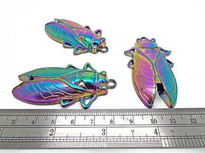 LARGE CICADA Rainbow Pendants, Set of 3, 62x34mm Insect Jewellery, Metal Keyring or Bag Charms with 4mm Hole