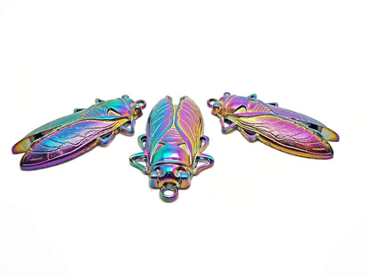 LARGE CICADA Rainbow Pendants, Set of 3, 62x34mm Insect Jewellery, Metal Keyring or Bag Charms with 4mm Hole