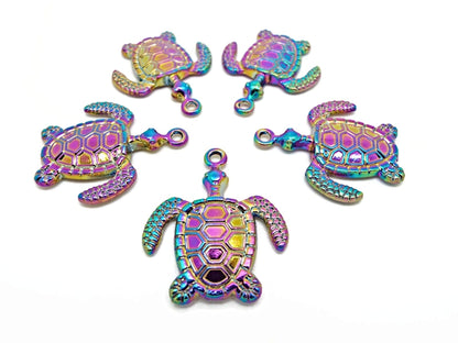 5 RAINBOW TURTLE Pendants 33x25mm Charms for Animal Sealife Jewelry, Rainbow Plated Metal Charms with 2mm Hole