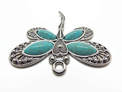 2 FAUX TURQUOISE Dragonfly Pendants, Large Tibetan Silver Style Keyring Charm, Suncatcher or Wall Hanging Charm, 60x53mm