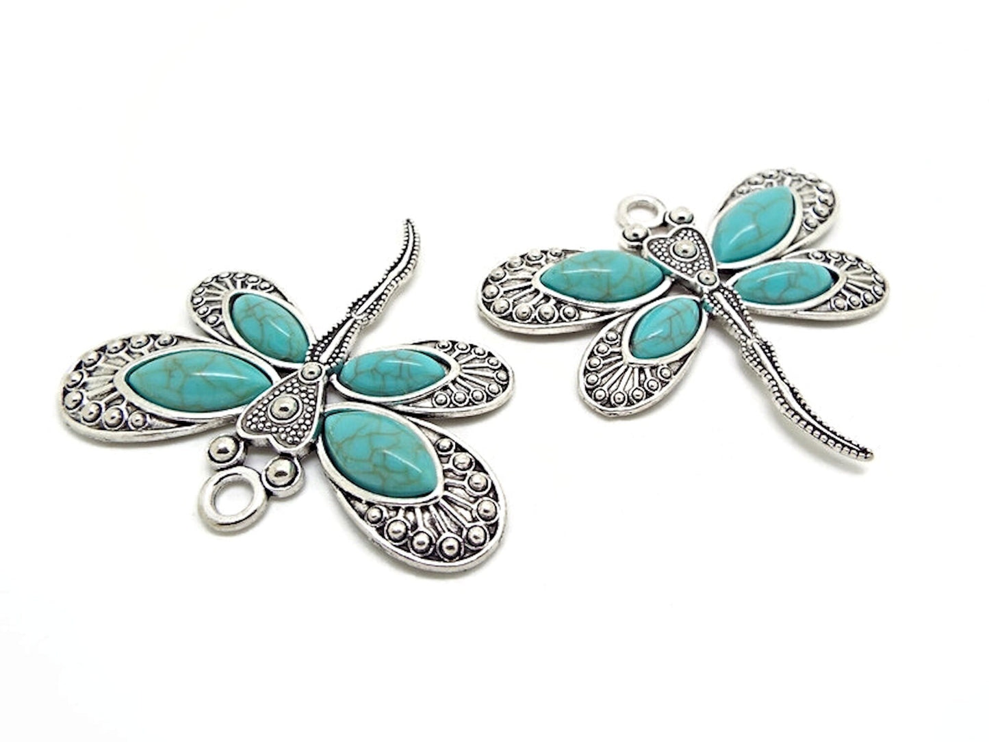 2 FAUX TURQUOISE Dragonfly Pendants, Large Tibetan Silver Style Keyring Charm, Suncatcher or Wall Hanging Charm, 60x53mm