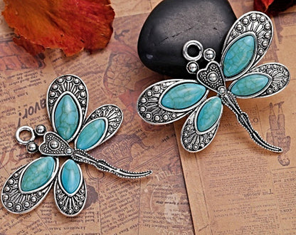 2 FAUX TURQUOISE Dragonfly Pendants, Large Tibetan Silver Style Keyring Charm, Suncatcher or Wall Hanging Charm, 60x53mm