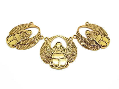 3 ANTIQUE GOLD Scarab Pendants with Two Hanging Holes, 42x41mm Large Alloy Beetle Keyring or Bag Charm Blank