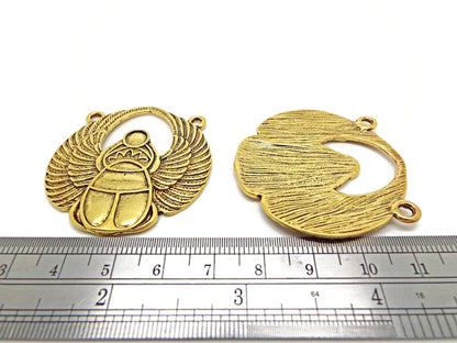 3 ANTIQUE GOLD Scarab Pendants with Two Hanging Holes, 42x41mm Large Alloy Beetle Keyring or Bag Charm Blank