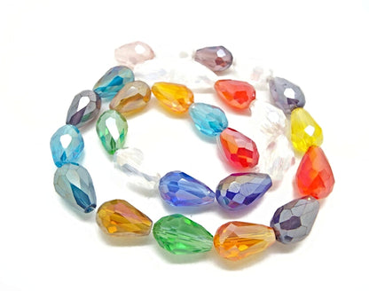 FACETED GLASS Teardrop Beads Strand of 25 15x10mm Jewellery Beads in Mixed Colours