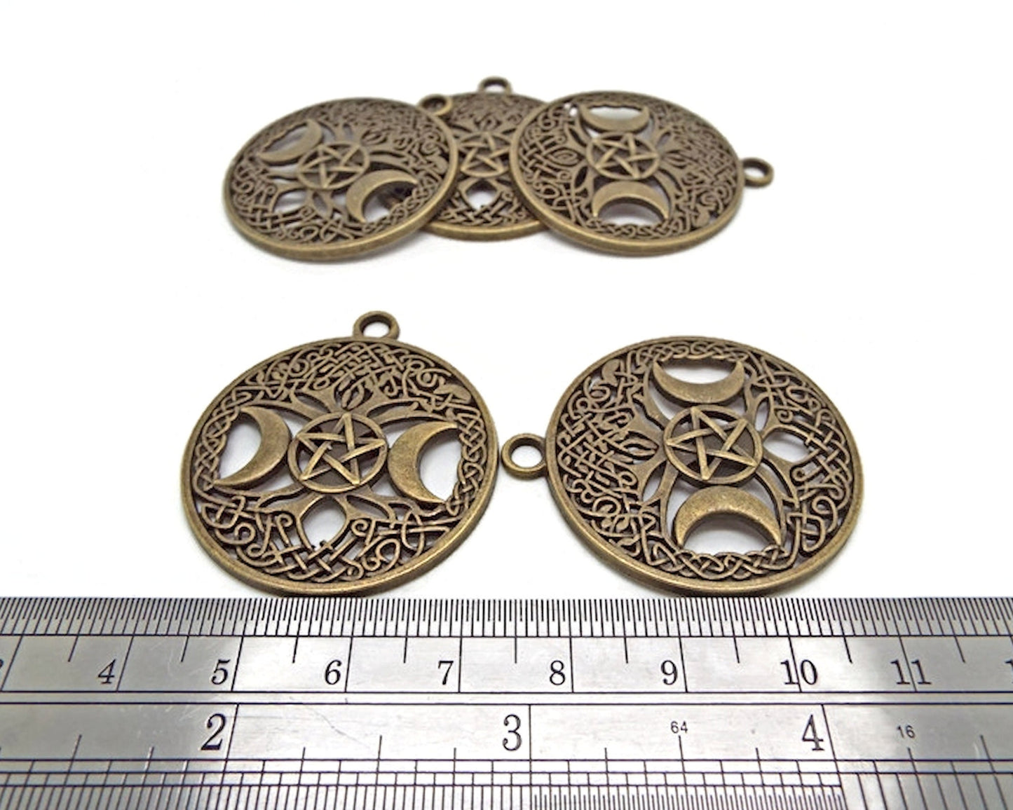 10 Triple Moon Pendants in Antique Bronze, Pentagram Tree Charms, 39x34x2.5mm