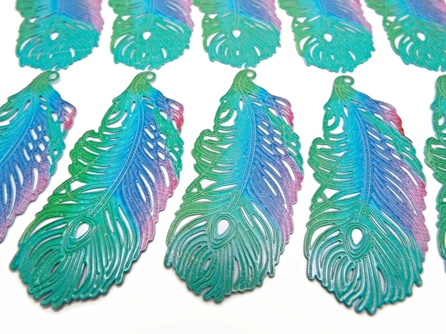 10 Large Filigree Feather Pendants Enamelled in Green Blue Purple & Pink, 60x27mm