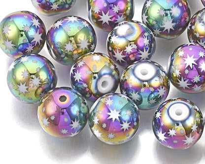 30 ROUND GLASS Star Beads, Rainbow Electroplated, 10mm with 1.2mm Hole