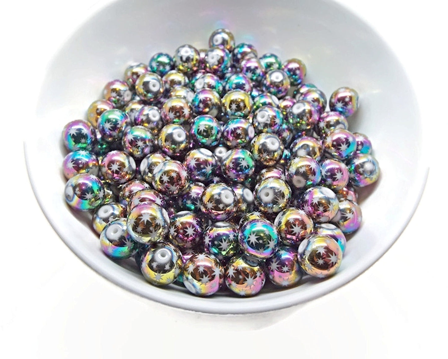 30 ROUND GLASS Star Beads, Rainbow Electroplated, 10mm with 1.2mm Hole