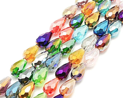 FACETED GLASS Teardrop Beads Strand of 25 15x10mm Jewellery Beads in Mixed Colours