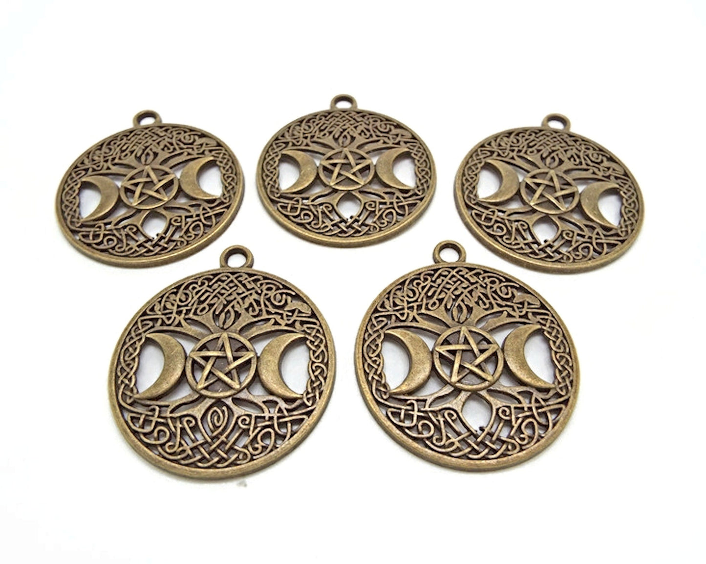 10 Triple Moon Pendants in Antique Bronze, Pentagram Tree Charms, 39x34x2.5mm