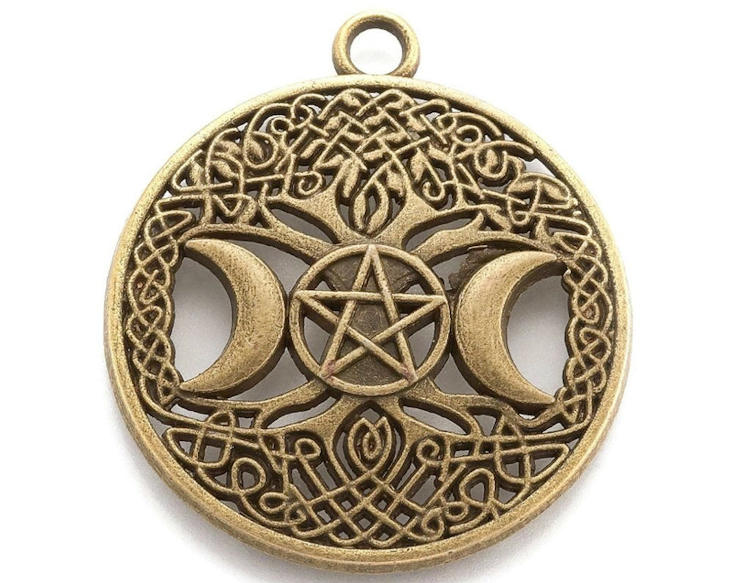 10 Triple Moon Pendants in Antique Bronze, Pentagram Tree Charms, 39x34x2.5mm