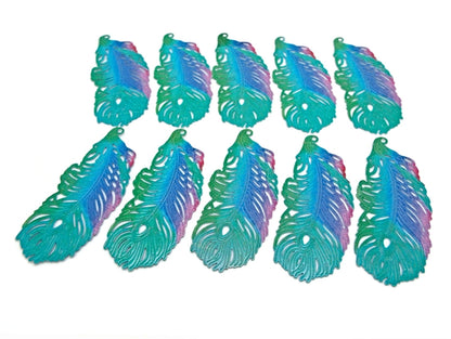 10 Large Filigree Feather Pendants Enamelled in Green Blue Purple & Pink, 60x27mm