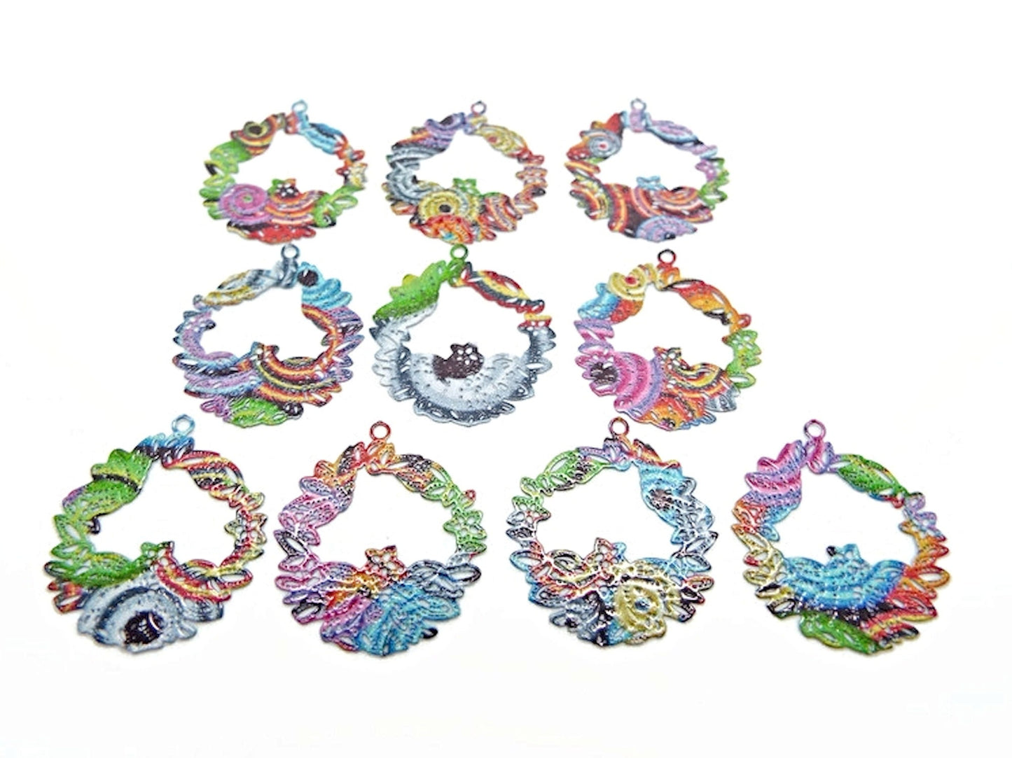 10 Blue Multicoloured Charms in an Irregular Filigree Style, 23x20mm Thin and Lightweight