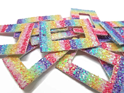 20 FAUX LEATHER Pendants with Rainbow Sequin Glitter, 43x28x2mm Rectangle with Centre Cut-Out