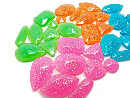 32 Neon Gem Cabochons in 4 Colours, Handmade Embellishments with Resin and Glitter, Pink, Green, Blue and Orange