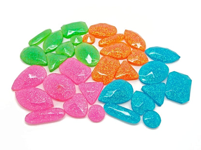 32 Neon Gem Cabochons in 4 Colours, Handmade Embellishments with Resin and Glitter, Pink, Green, Blue and Orange